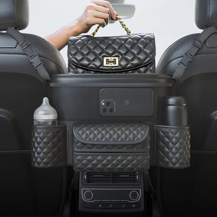 DriveForce™ Luxury Leather Car Seat Middle Hanger Storage Bag with Handbag Holder Tissue & Water Cup Pockets for Auto Interior Tidying